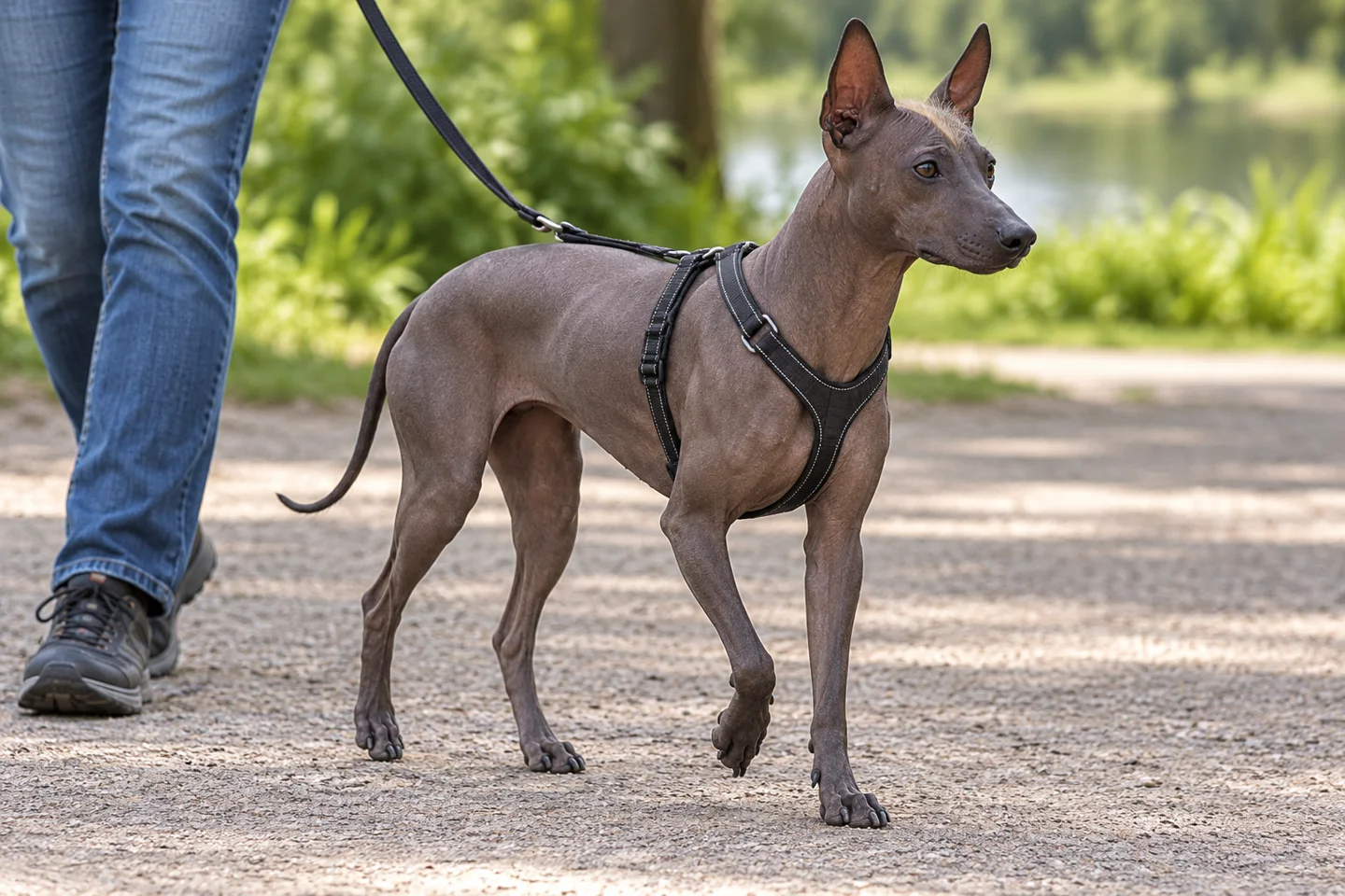 Peruvian Inca Orchid adult walking in a harness beside an adult handler, showing the selected breed type