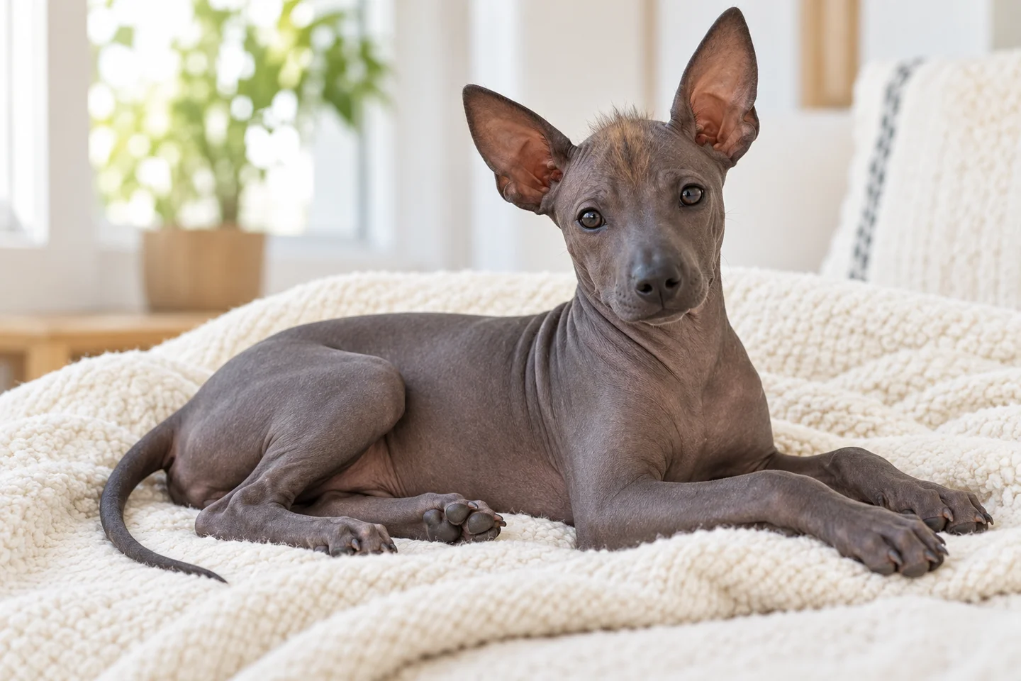 Peruvian Inca Orchid young dog resting indoors, showing the selected breed type