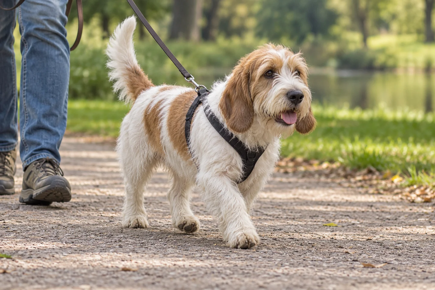 Petit Basset Griffon Vendéen adult walking in a harness beside an adult handler, showing the selected breed type