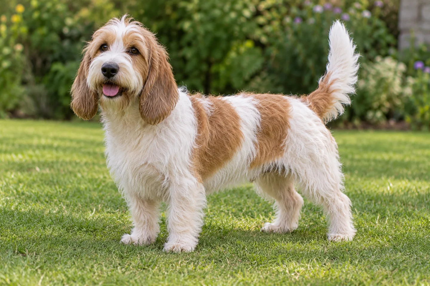 Petit Basset Griffon Vendéen adult standing in a quiet outdoor setting, showing the selected breed type