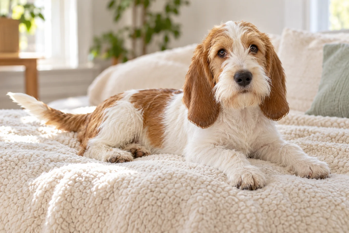 Petit Basset Griffon Vendéen young dog resting indoors, showing the selected breed type