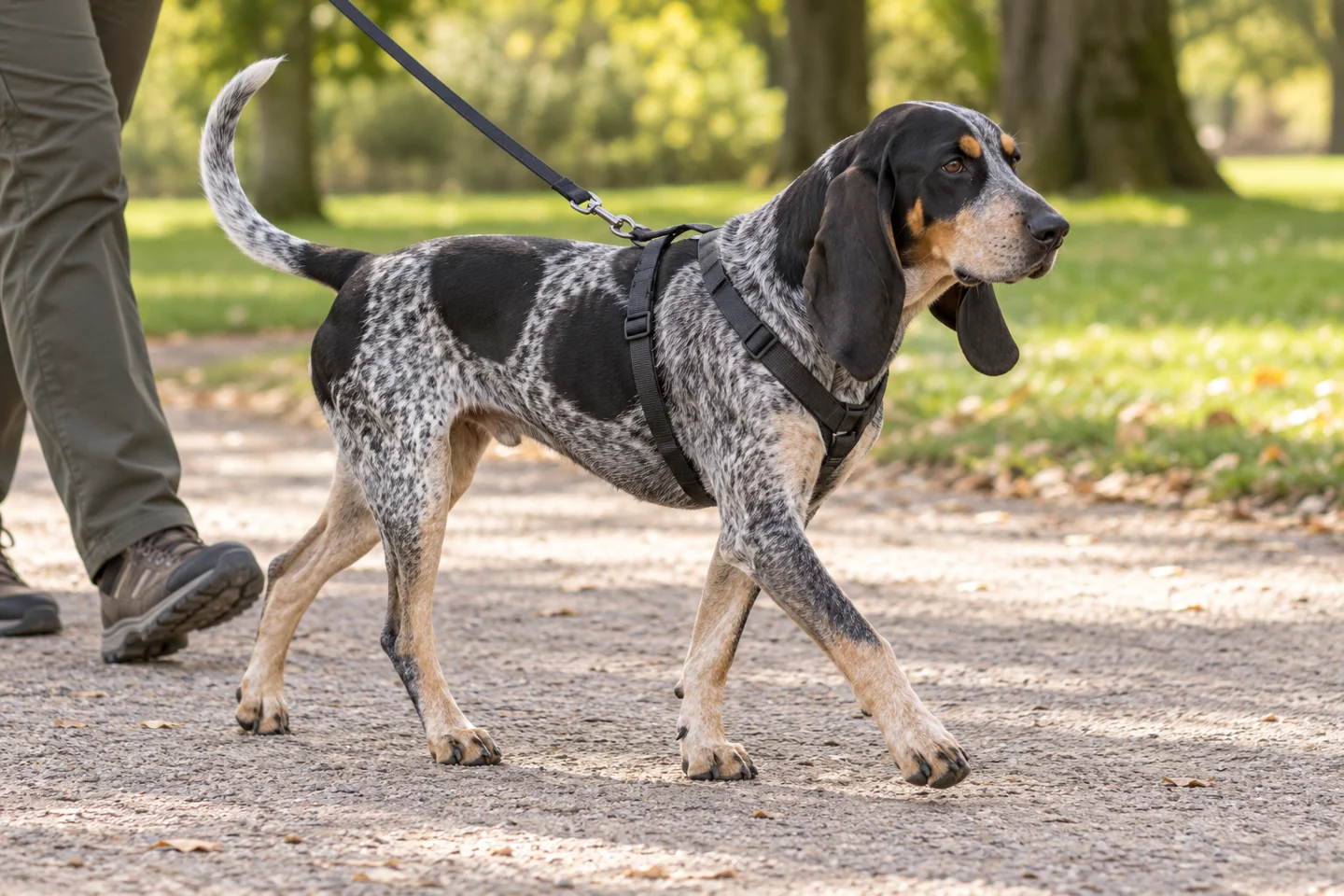 Petit Bleu de Gascogne adult walking in a harness beside an adult handler, showing the selected breed type
