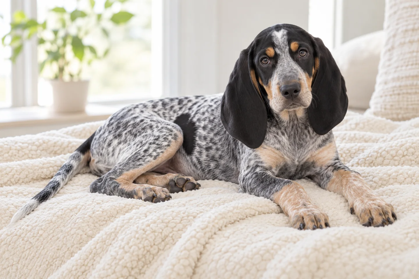 Petit Bleu de Gascogne young dog resting indoors, showing the selected breed type