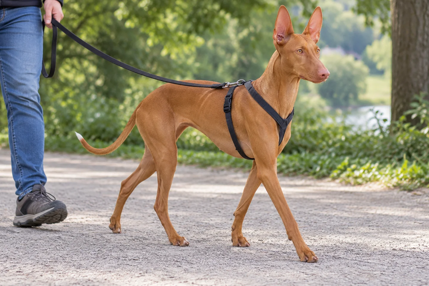 Pharaoh Hound adult walking in a harness beside an adult handler, showing the selected breed type