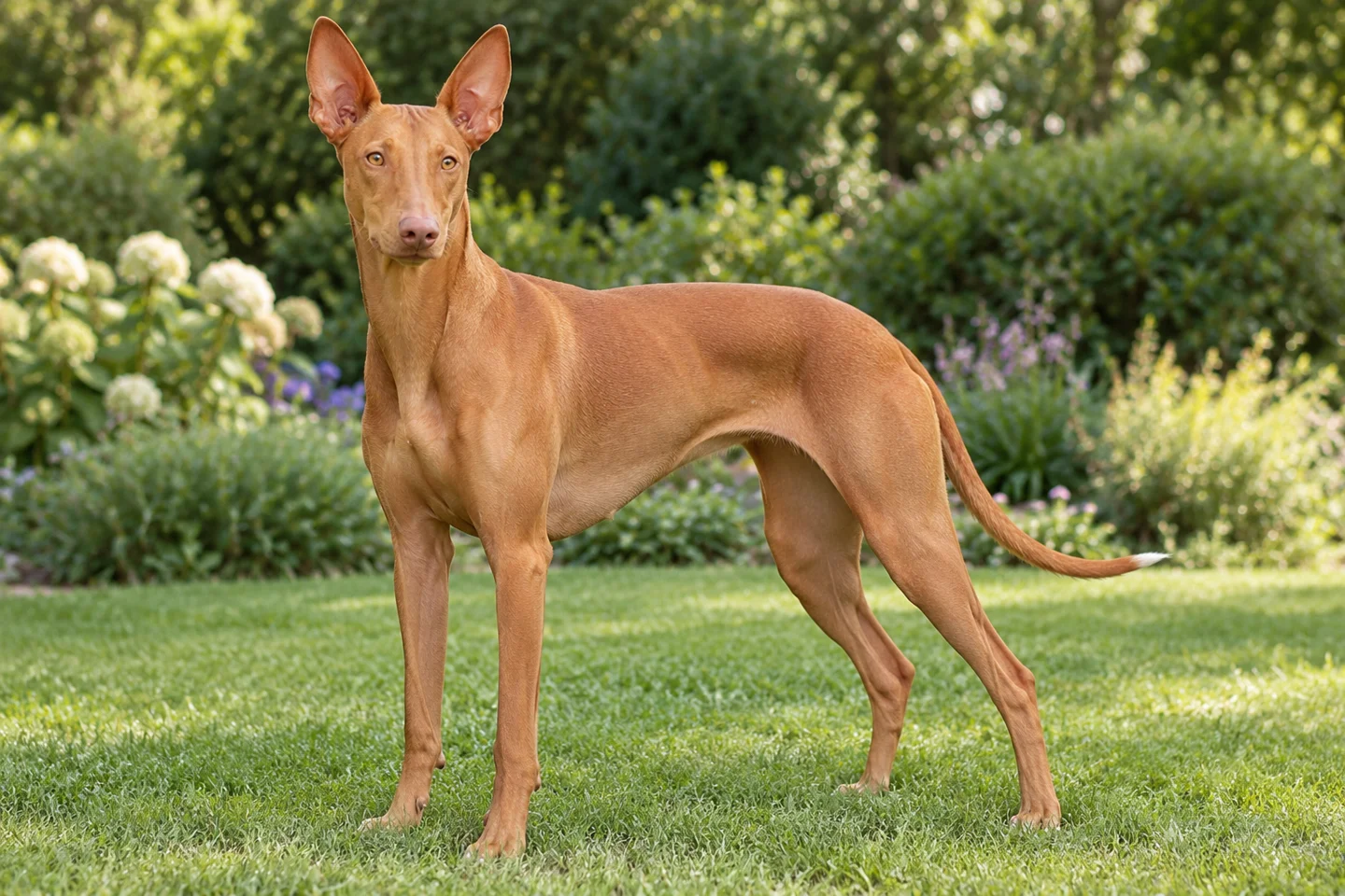 Pharaoh Hound adult standing in a quiet outdoor setting, showing the selected breed type