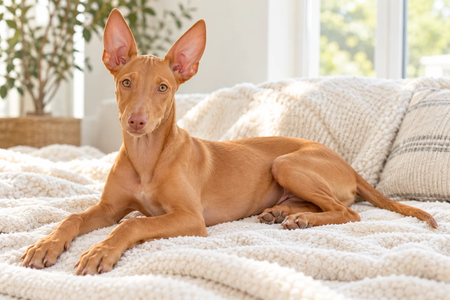 Pharaoh Hound young dog resting indoors, showing the selected breed type
