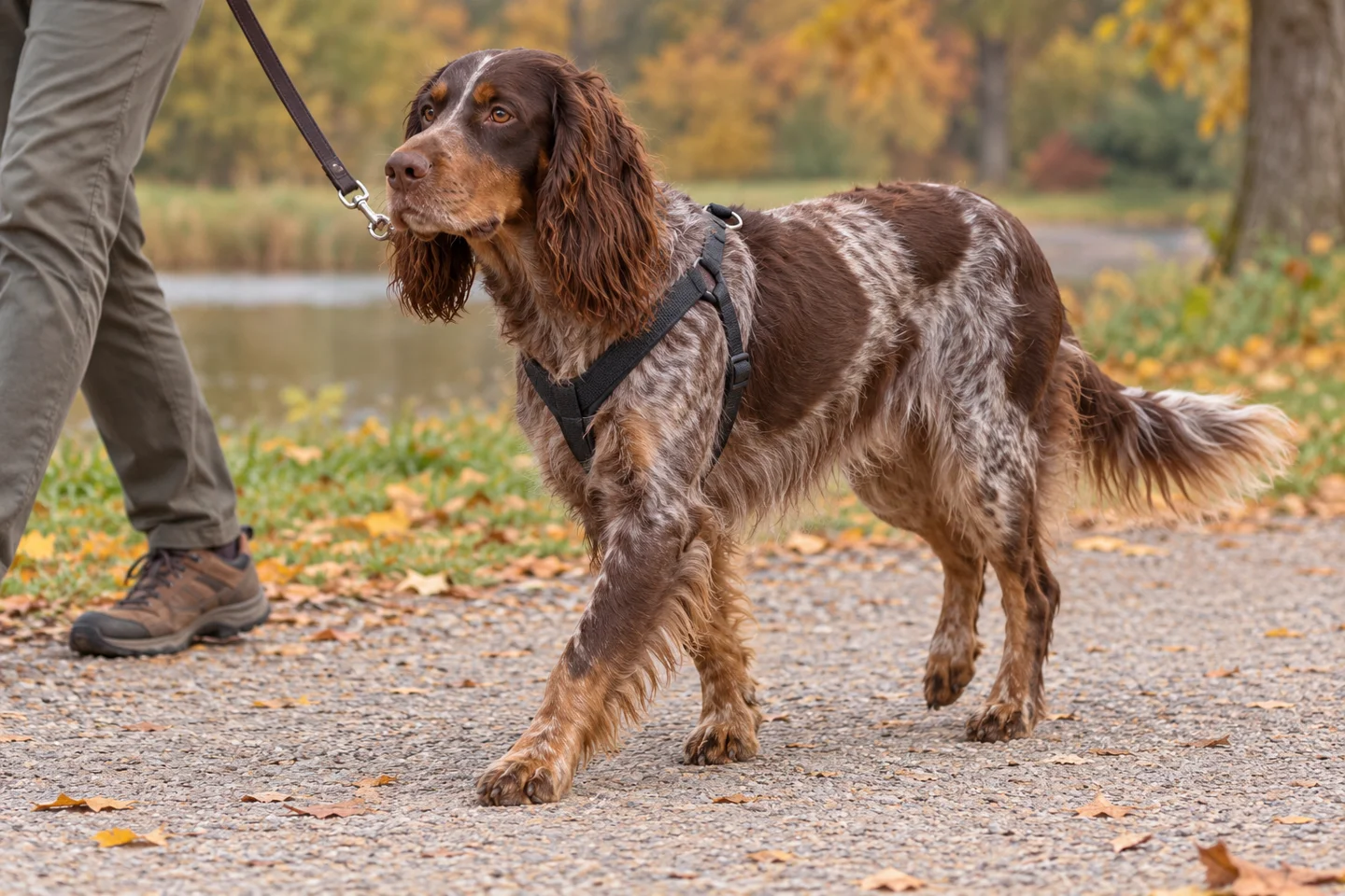 Picardy Spaniel adult walking in a harness beside an adult handler, showing the selected breed type