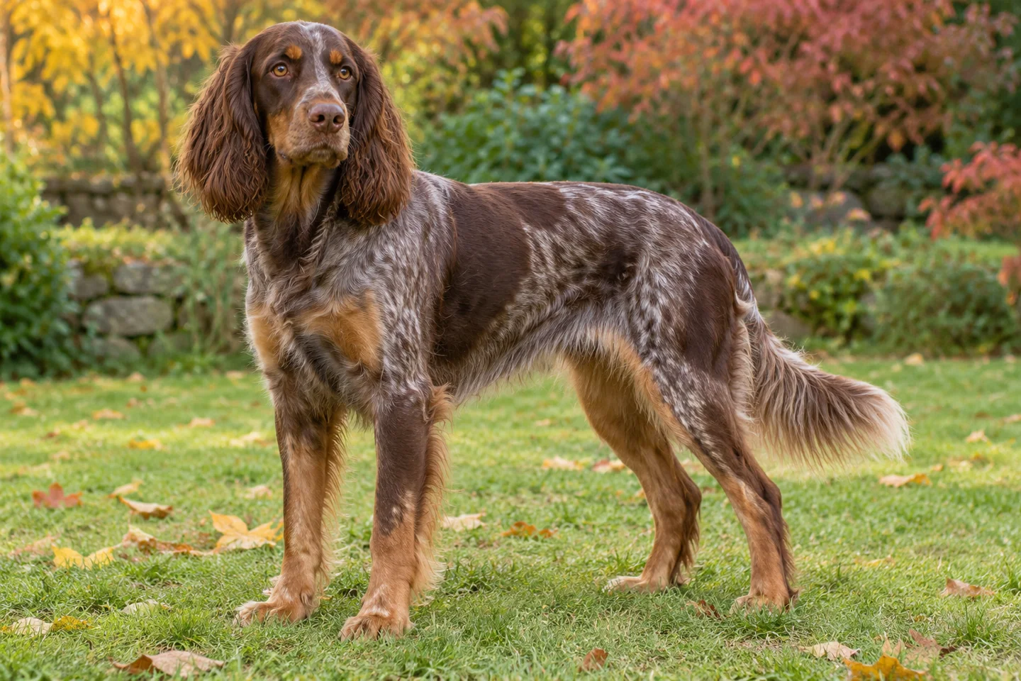 Picardy Spaniel adult standing in a quiet outdoor setting, showing the selected breed type