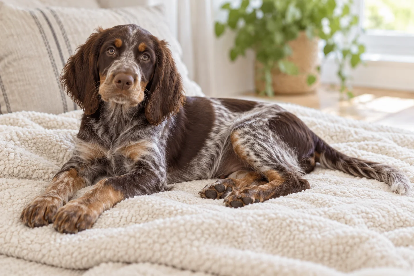 Picardy Spaniel young dog resting indoors, showing the selected breed type