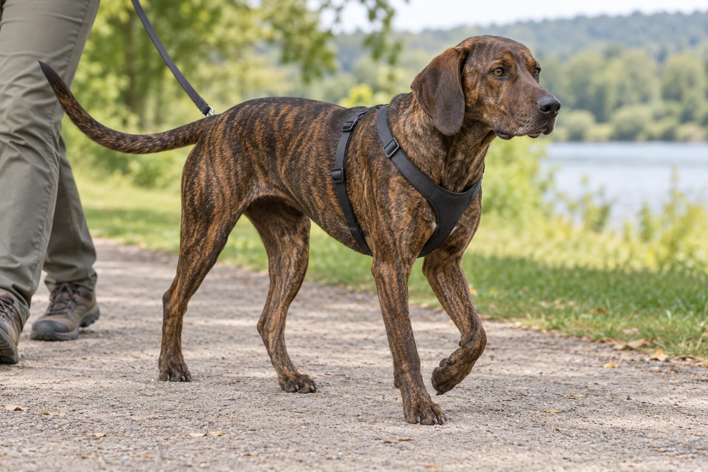 Plott Hound adult walking in a harness beside an adult handler, showing the selected breed type