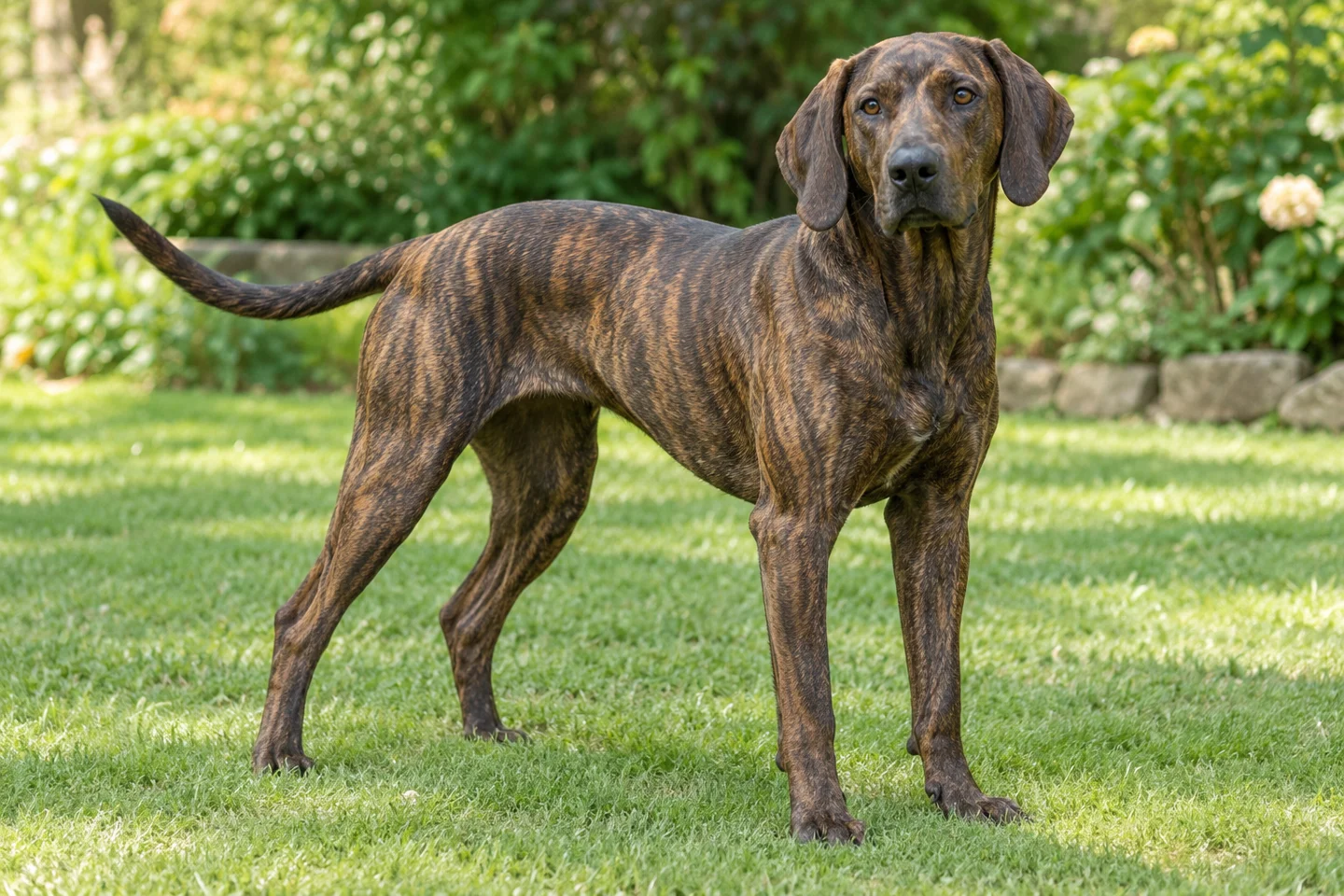 Plott Hound adult standing in a quiet outdoor setting, showing the selected breed type
