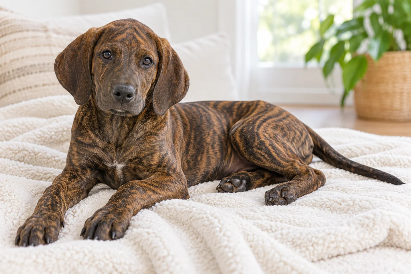 Plott Hound young dog resting indoors, showing the selected breed type