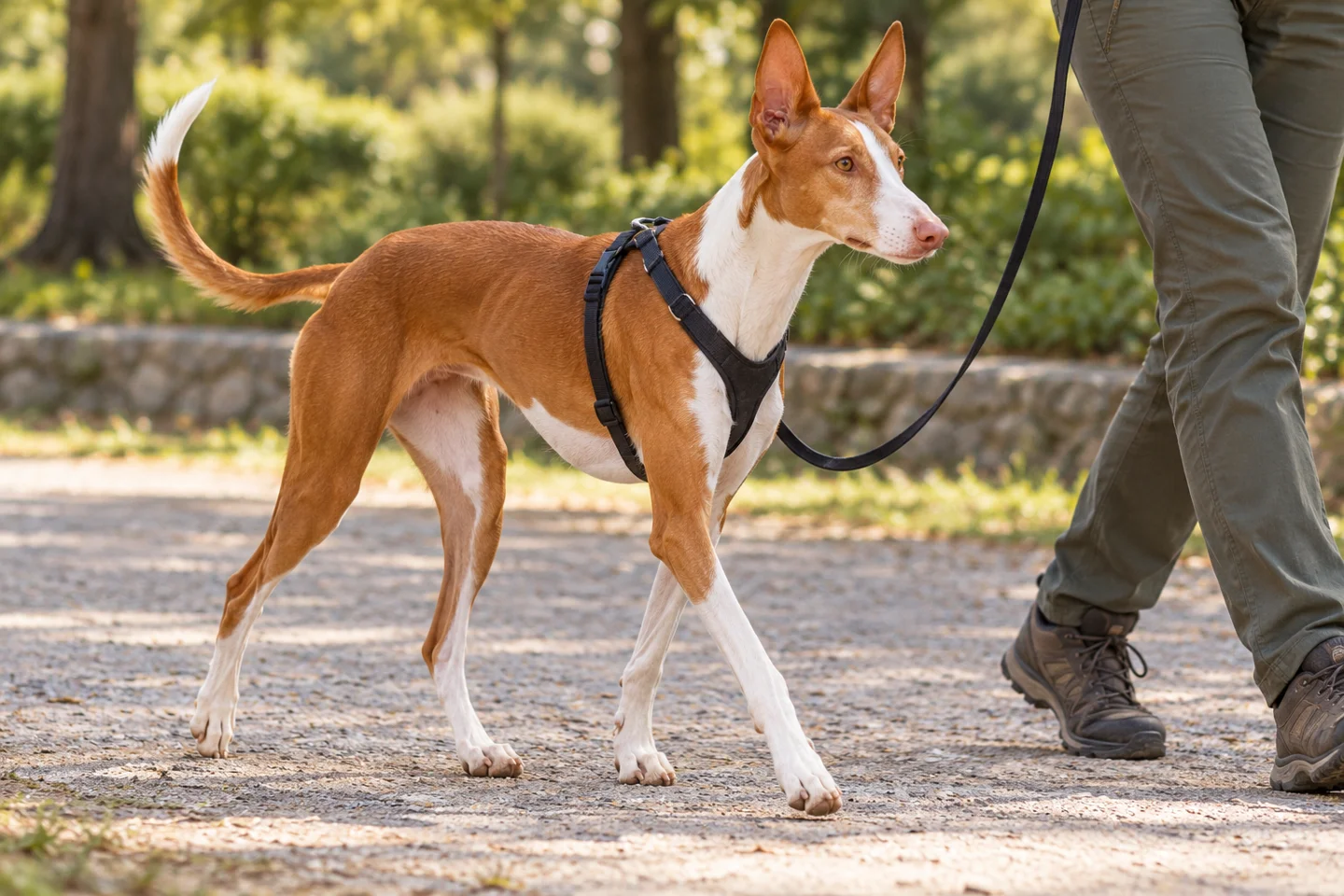 Podenco Canario adult walking in a harness beside an adult handler, showing the selected breed type