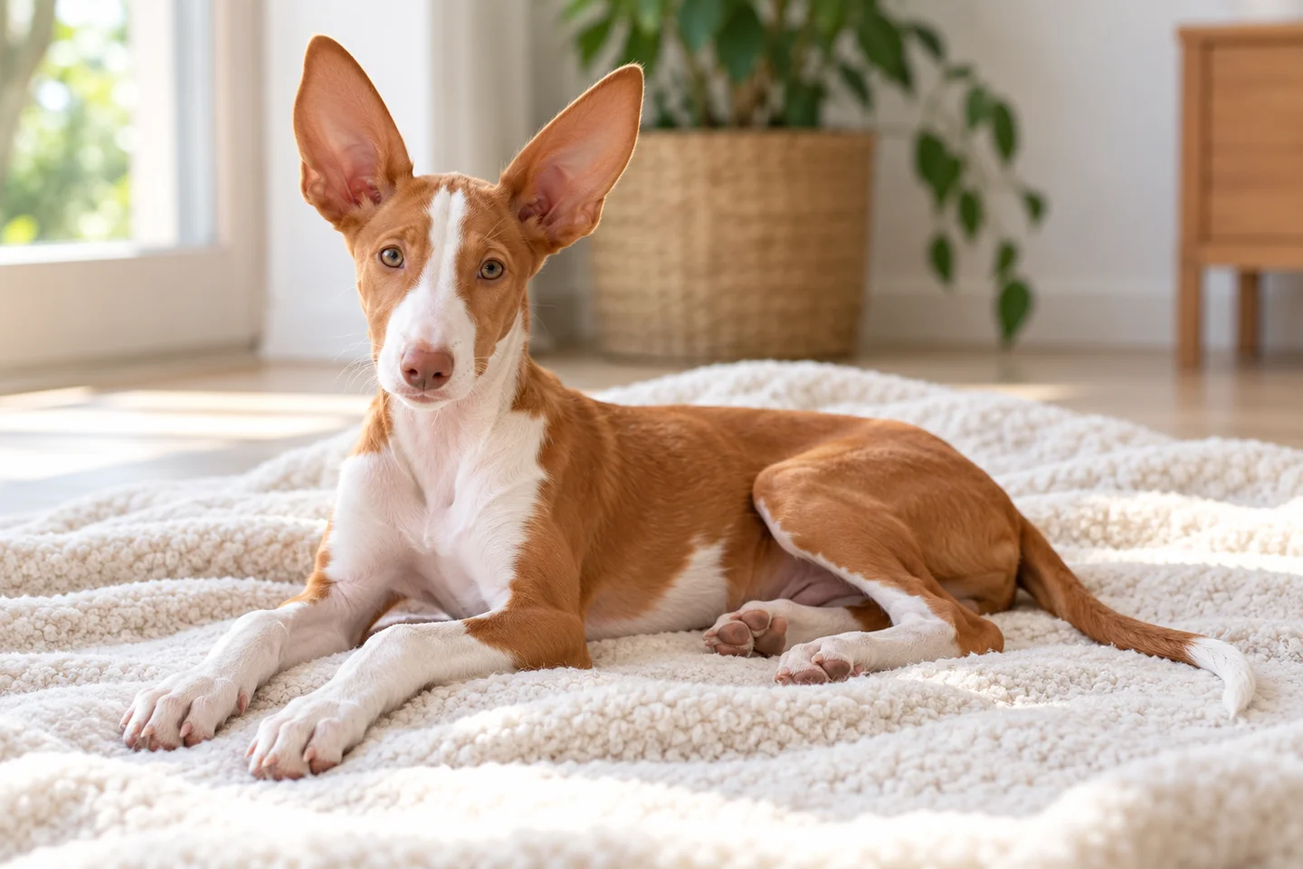 Podenco Canario young dog resting indoors, showing the selected breed type