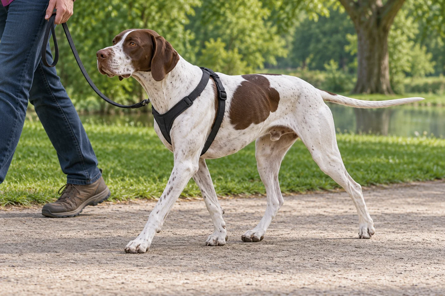 Pointer adult walking in a harness beside an adult handler, showing the selected breed type