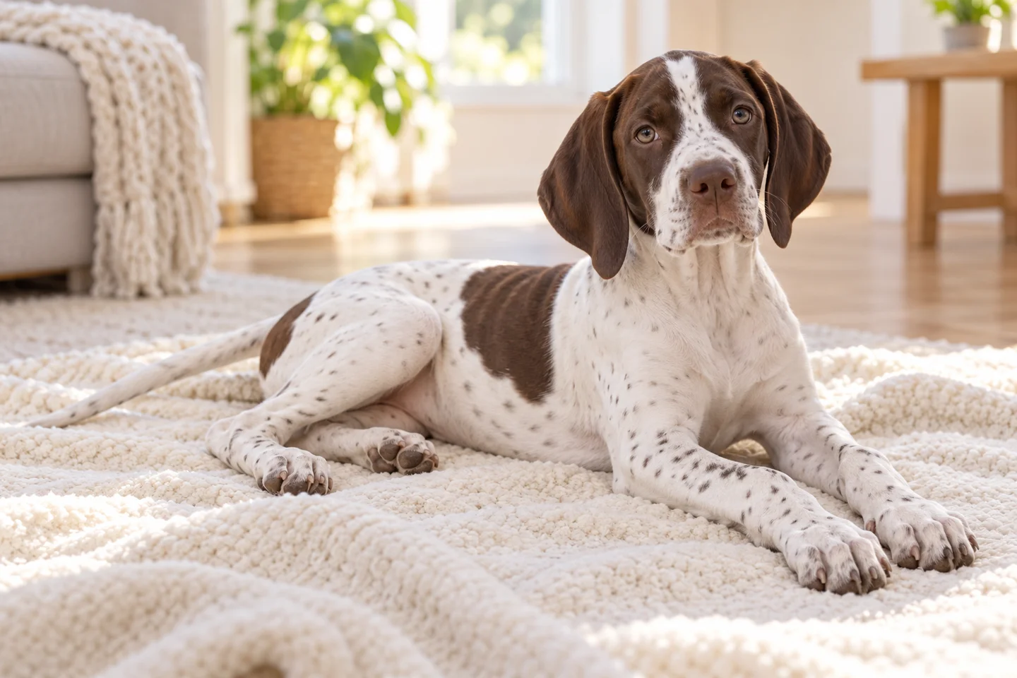 Pointer young dog resting indoors, showing the selected breed type