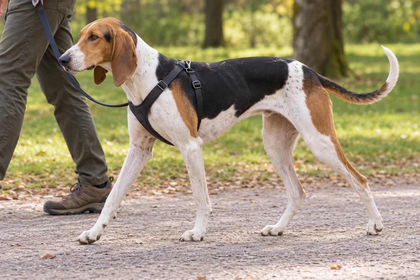 A tricolor Poitevin walking on a loose lead in a harness beside an adult handler