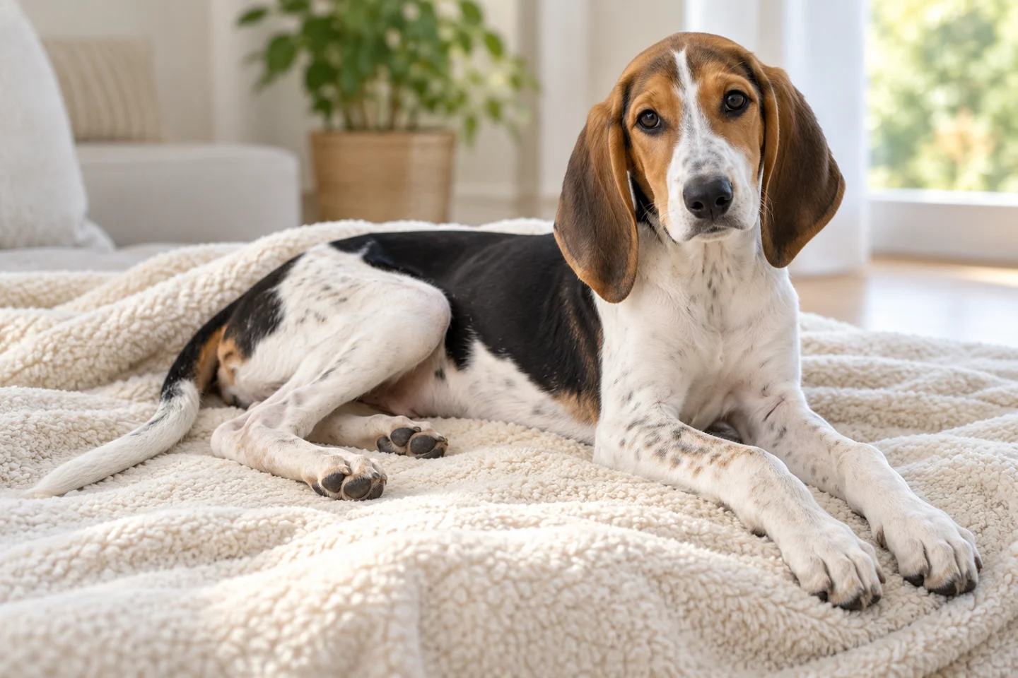 An older tricolor Poitevin puppy with long hound legs, hanging ears and a full natural tail
