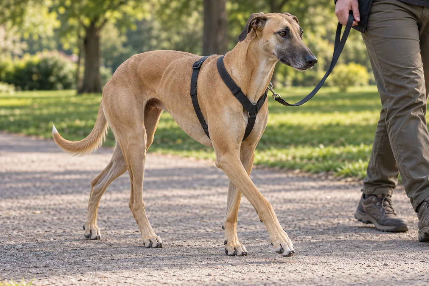 A fawn Polish Greyhound walking in a harness on a loose lead beside an adult handler