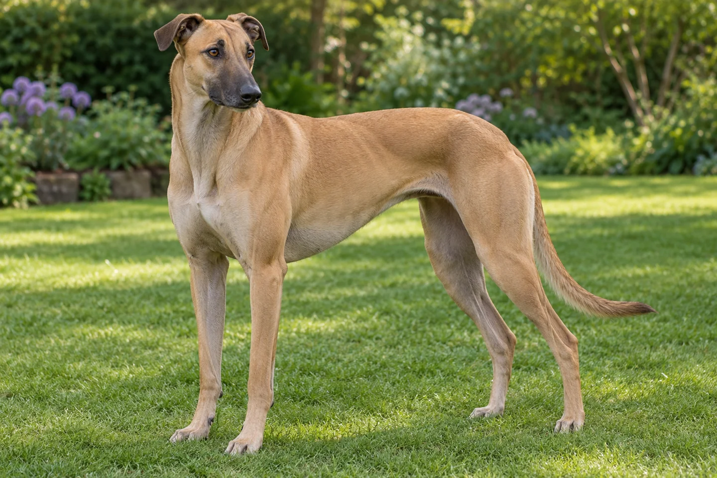 A fawn Polish Greyhound adult with dark muzzle, natural folded ears, strong limbs and long full tail
