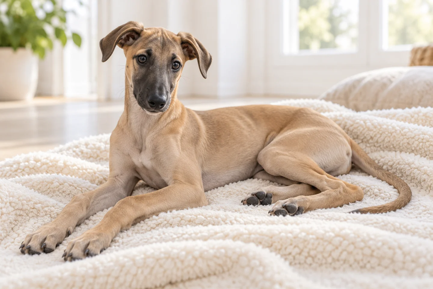 An older fawn Polish Greyhound puppy with a dark muzzle, long legs and natural full tail