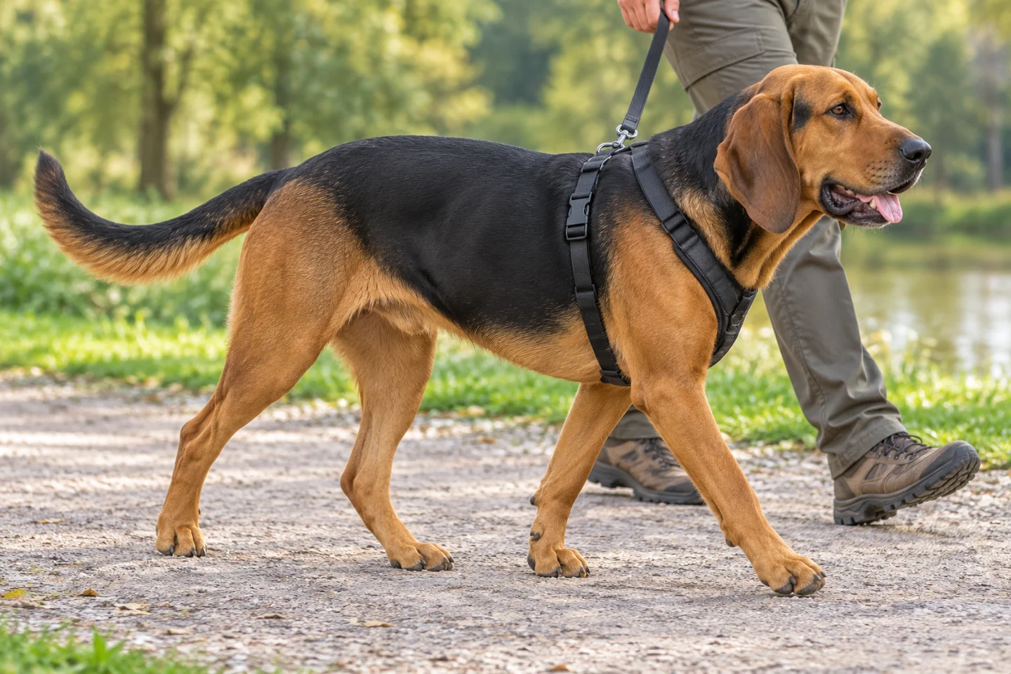Polish Hound adult walking in a harness beside an adult handler, with breed-specific coat and natural anatomy