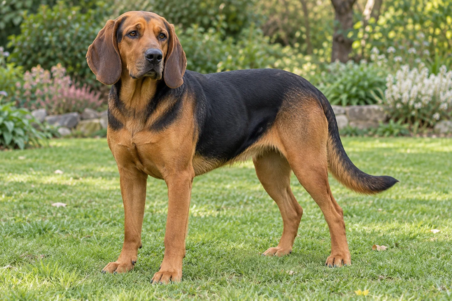 Polish Hound adult standing naturally outdoors, with breed-specific coat and natural anatomy