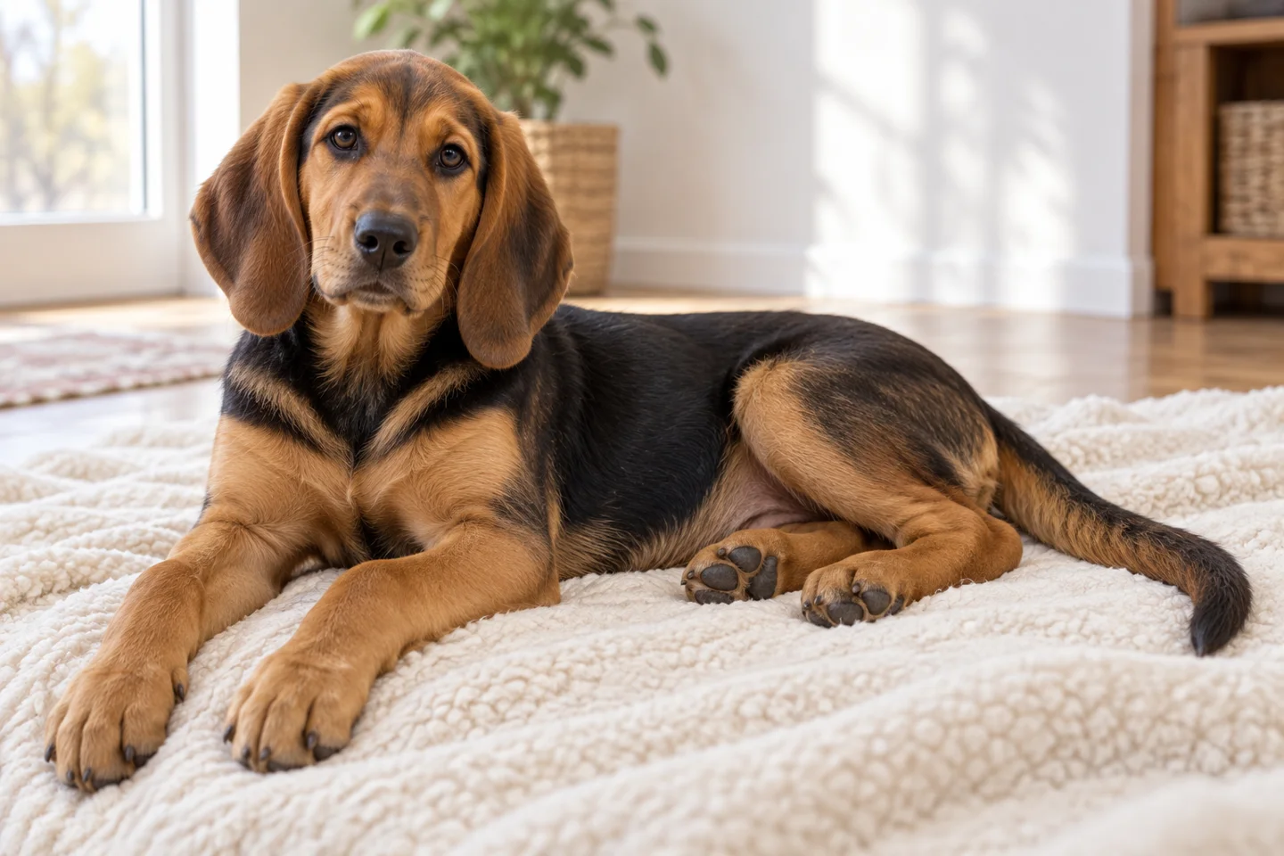 Polish Hound older puppy resting on a blanket indoors, with breed-specific coat and natural anatomy