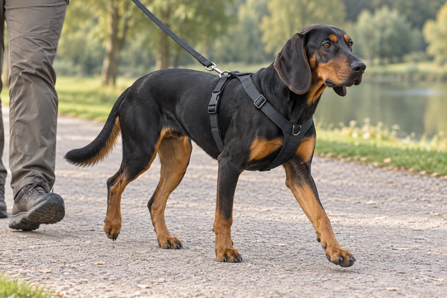 Polish Hunting Dog adult walking in a harness beside an adult handler, with breed-specific coat and natural anatomy