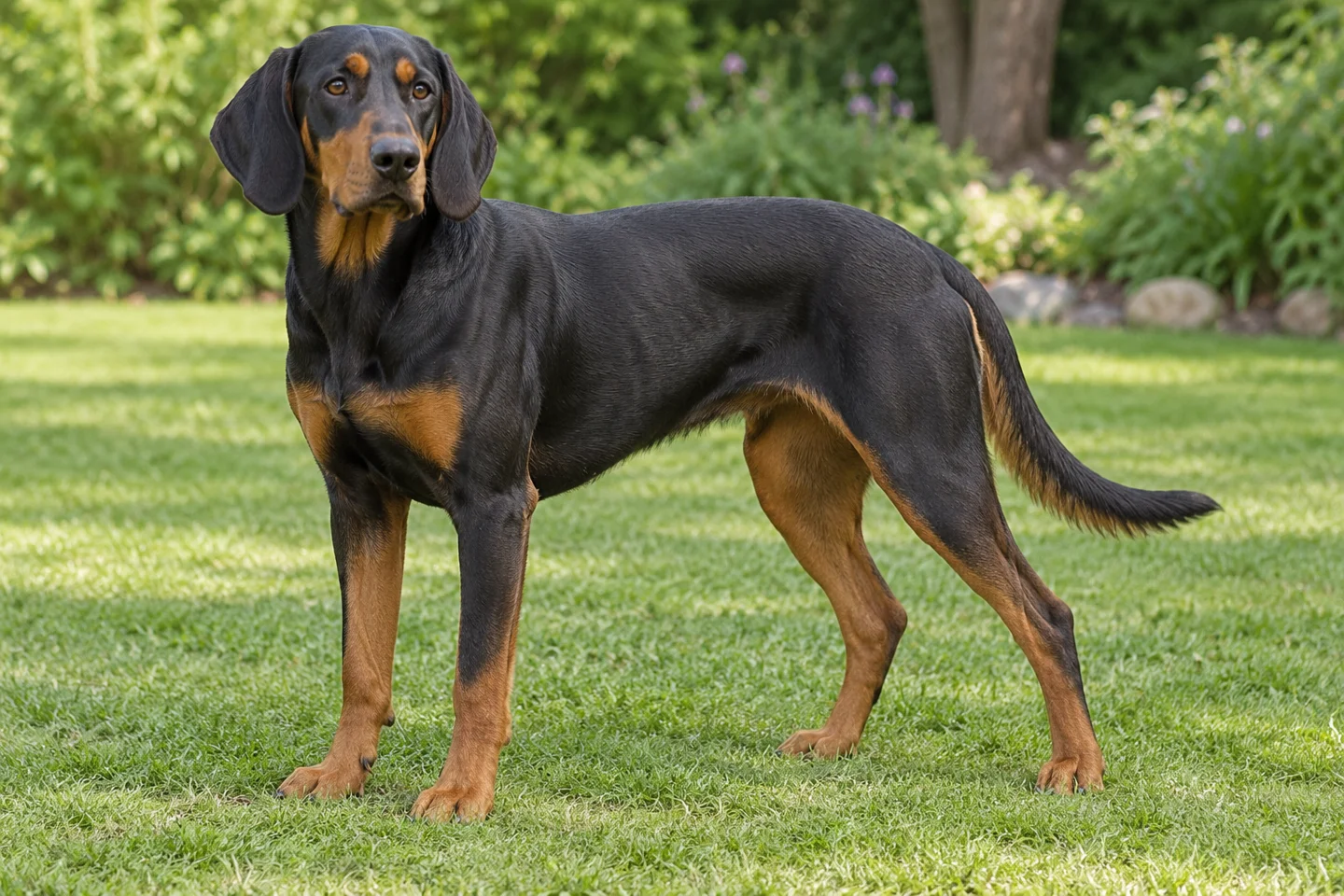 Polish Hunting Dog adult standing naturally outdoors, with breed-specific coat and natural anatomy