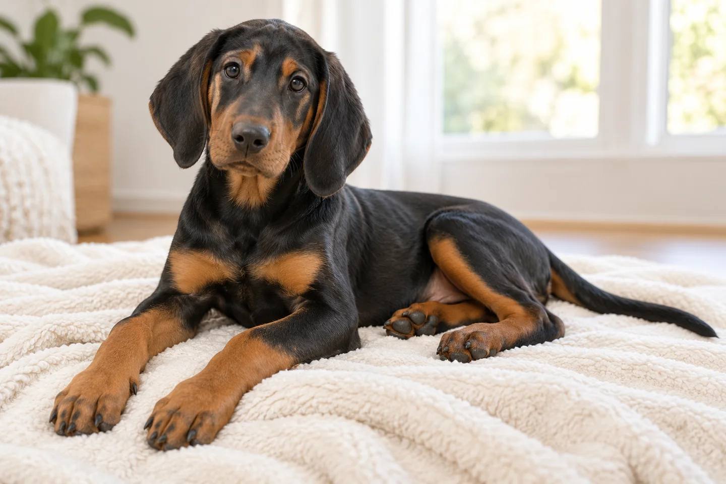 Polish Hunting Dog older puppy resting on a blanket indoors, with breed-specific coat and natural anatomy