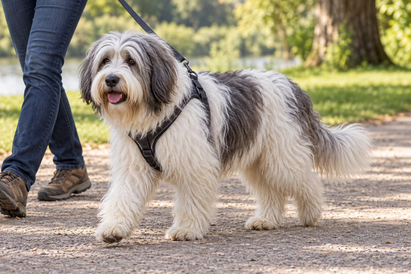 Polish Lowland Sheepdog adult walking in a harness beside an adult handler, with breed-specific coat and natural anatomy