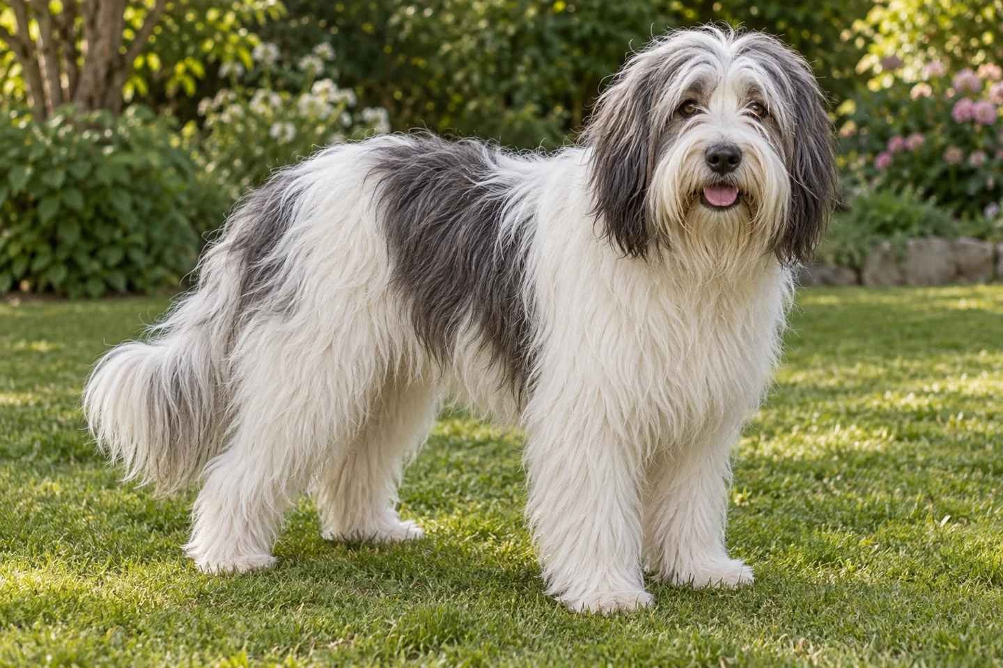Polish Lowland Sheepdog adult standing naturally outdoors, with breed-specific coat and natural anatomy