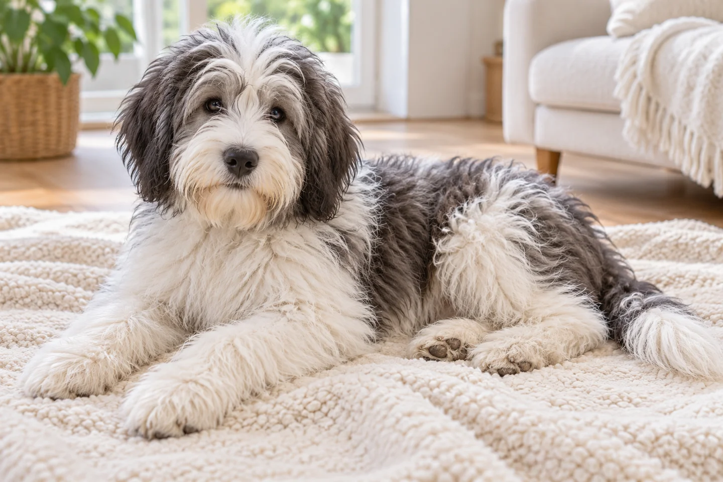 Polish Lowland Sheepdog older puppy resting on a blanket indoors, with breed-specific coat and natural anatomy