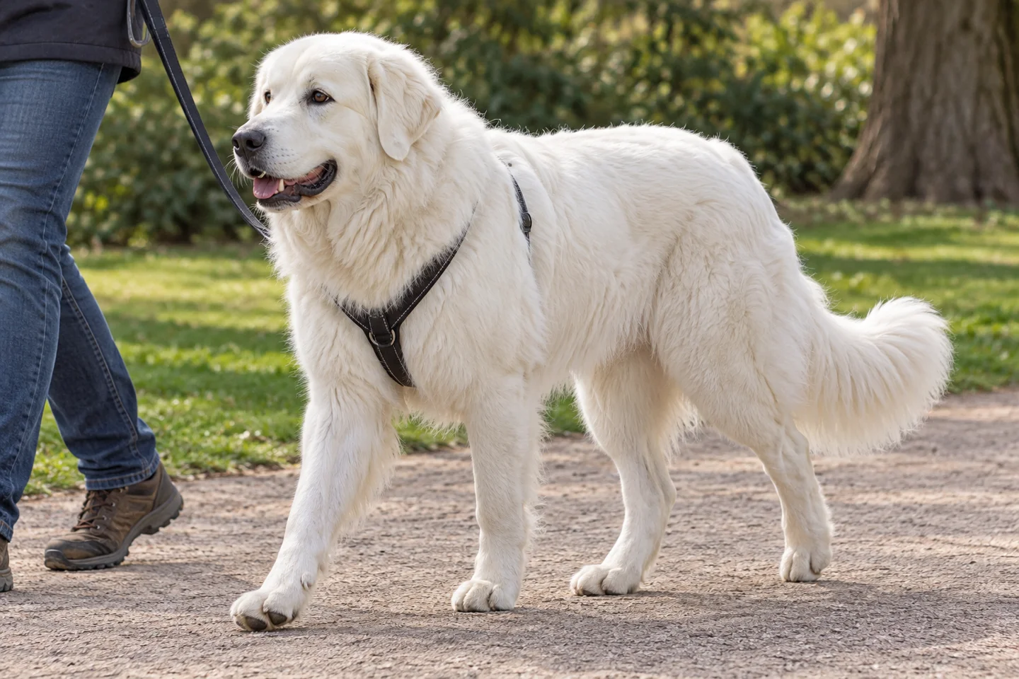 Polish Tatra Sheepdog adult walking in a harness beside an adult handler, with breed-specific coat and natural anatomy