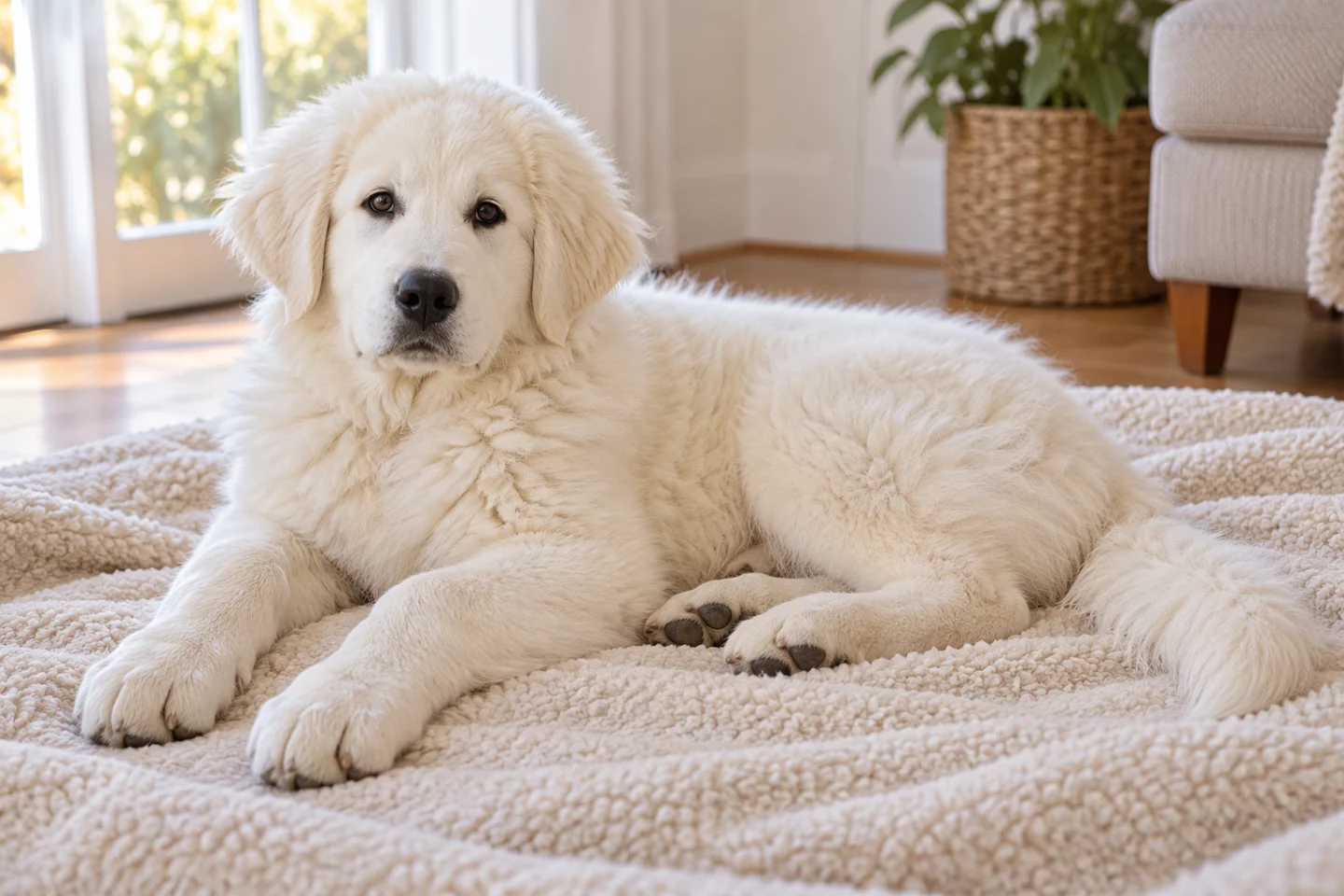 Polish Tatra Sheepdog older puppy resting on a blanket indoors, with breed-specific coat and natural anatomy