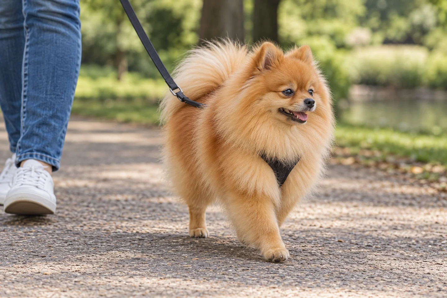 Pomeranian adult walking in a harness beside an adult handler, with breed-specific coat and natural anatomy
