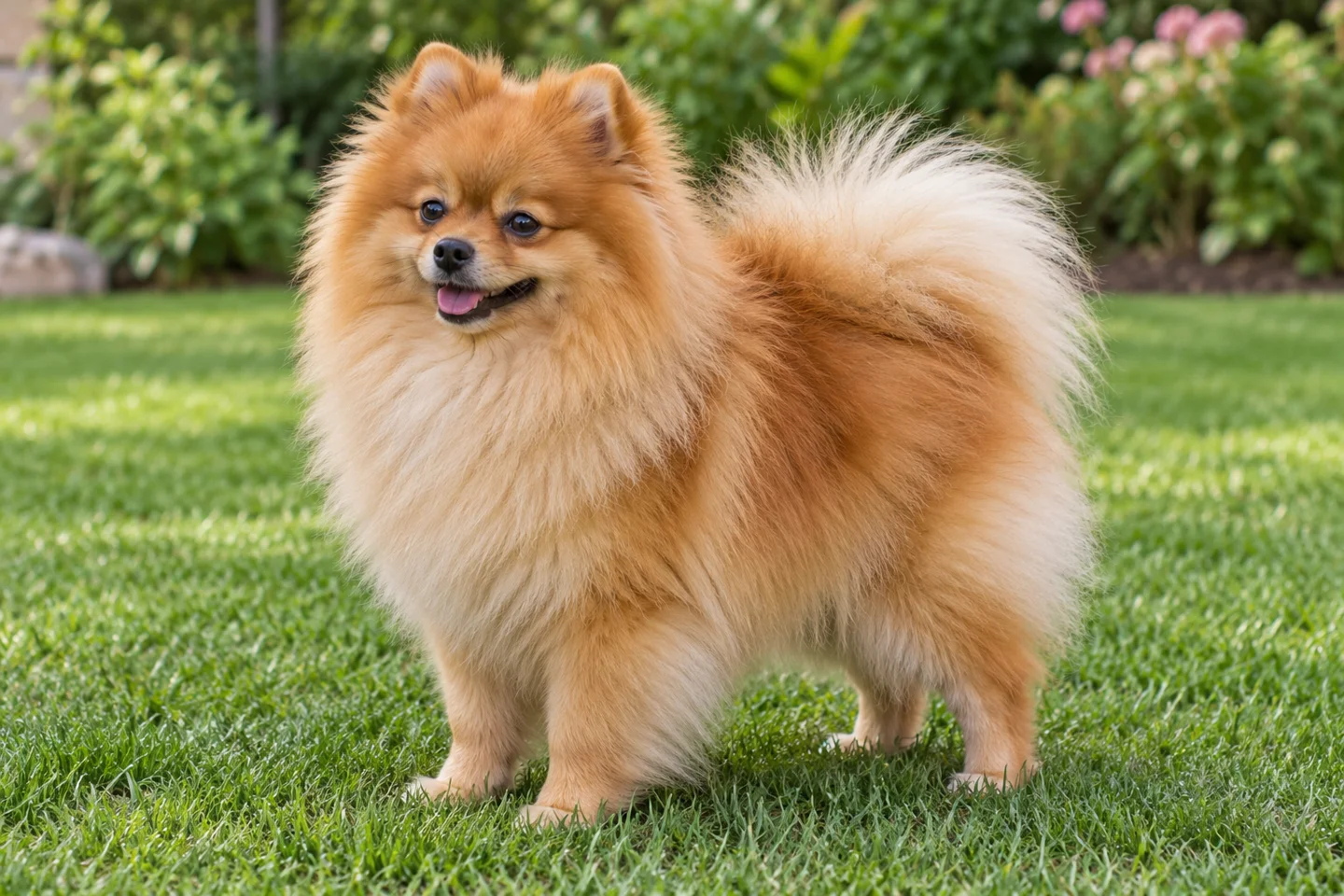 Pomeranian adult standing naturally outdoors, with breed-specific coat and natural anatomy