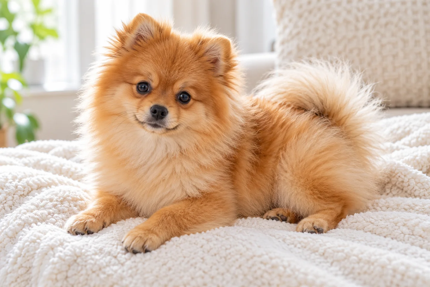 Pomeranian older puppy resting on a blanket indoors, with breed-specific coat and natural anatomy