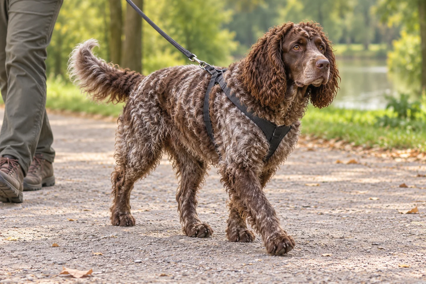 Pont-Audemer Spaniel adult walking in a harness beside an adult handler, with breed-specific coat and natural anatomy
