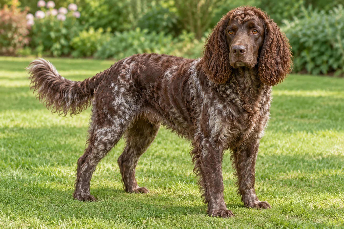 Pont-Audemer Spaniel adult standing naturally outdoors, with breed-specific coat and natural anatomy