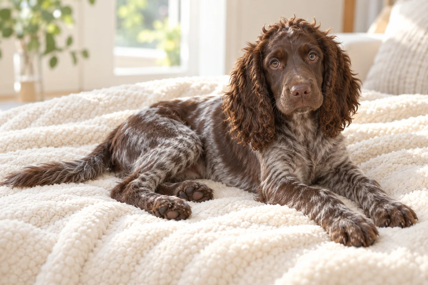 Pont-Audemer Spaniel older puppy resting on a blanket indoors, with breed-specific coat and natural anatomy