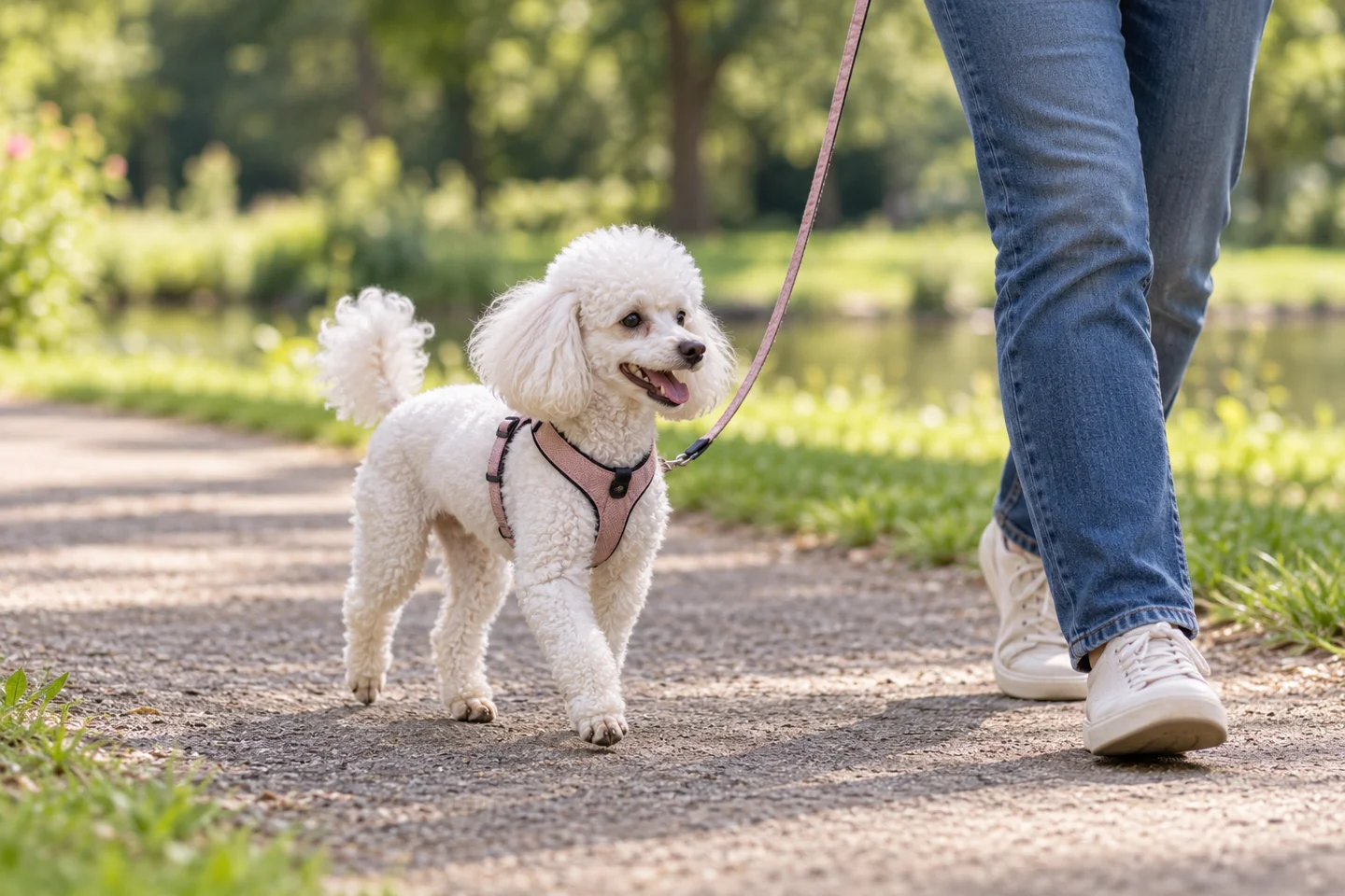 Adult white Toy Poodle in a short pet clip walking beside a person in a harness