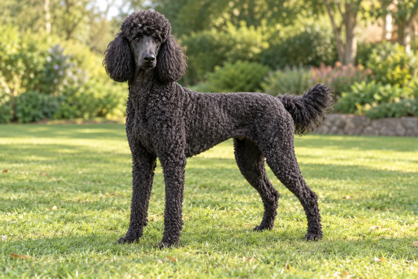 Adult black Standard Poodle in a practical short clip standing on grass