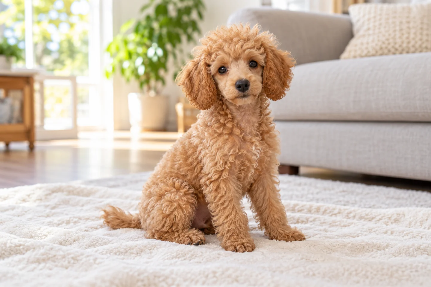 Apricot Miniature Poodle puppy with a curly coat sitting on a blanket indoors