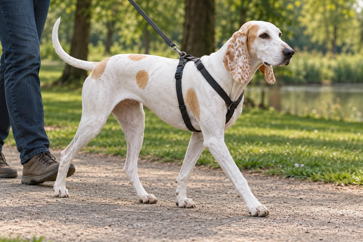 Porcelaine adult walking in a harness beside an adult handler, with breed-specific coat and natural anatomy