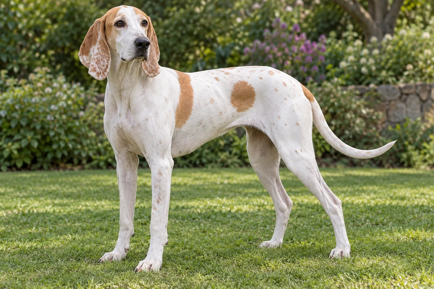 Porcelaine adult standing naturally outdoors, with breed-specific coat and natural anatomy