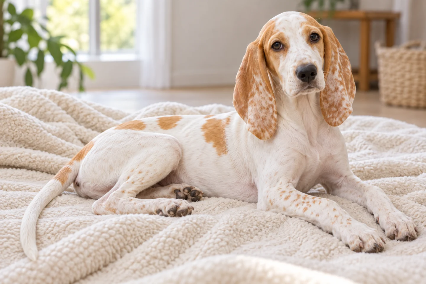 Porcelaine older puppy resting on a blanket indoors, with breed-specific coat and natural anatomy