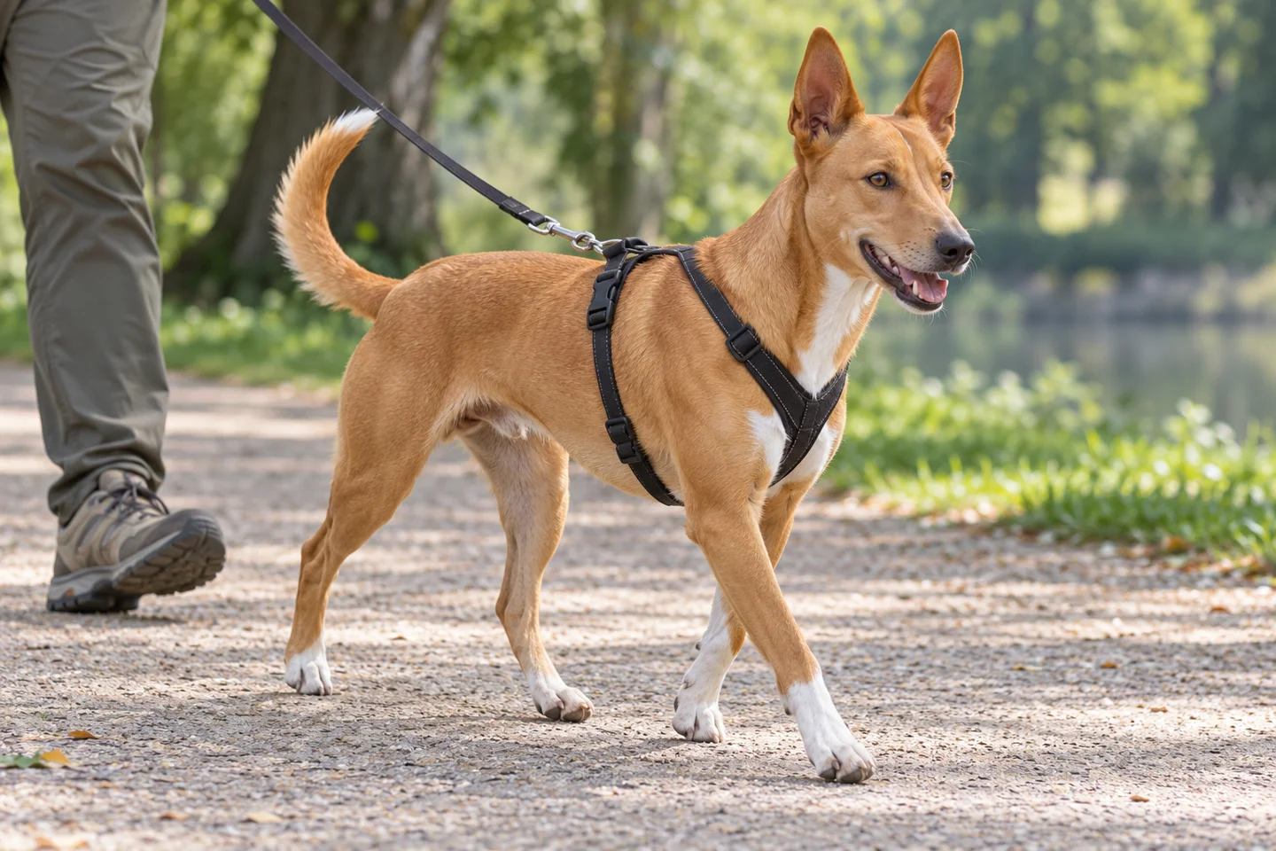 Portuguese Podengo adult walking in a harness beside an adult handler, with breed-specific coat and natural anatomy