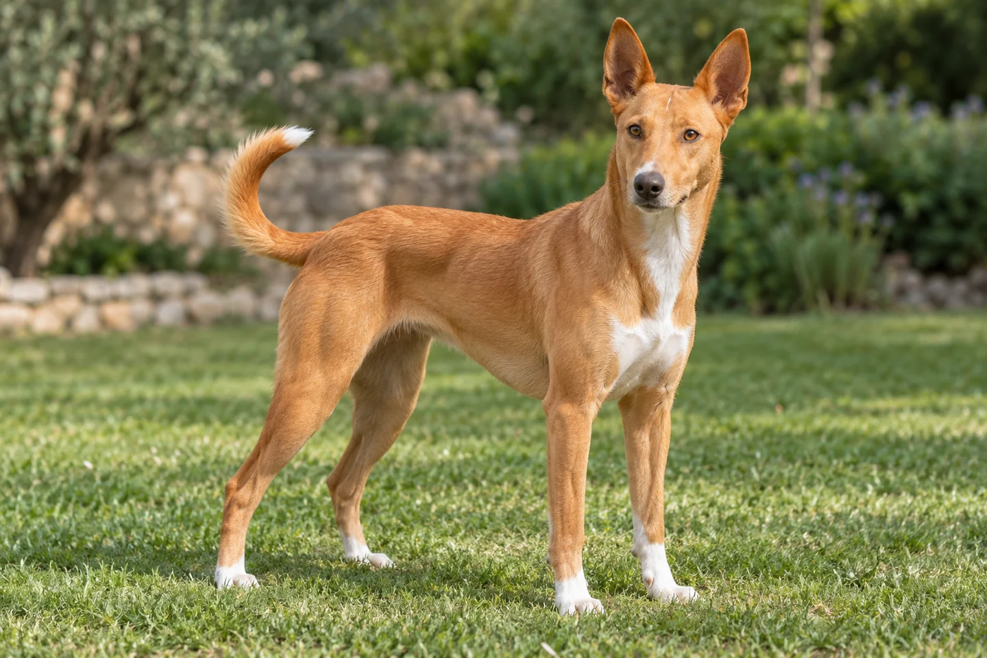 Portuguese Podengo adult standing naturally outdoors, with breed-specific coat and natural anatomy
